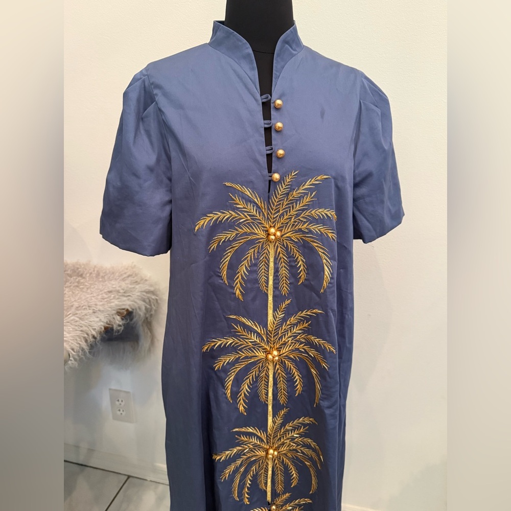 MESTIZA Elliana Gold Palm Embroidered Cotton Poplin Midi Dress in Blue Sz M $475 - Picture 7 of 16